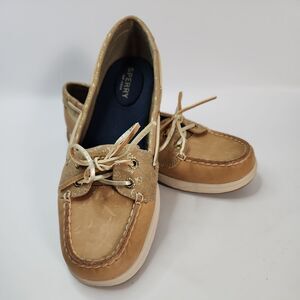 Sperry Womens Topsider Leather Deck Shoes Metallic Gold Anchor Sz 8.5M 97397